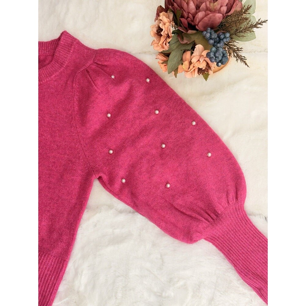 New CeCe Women Sweater S Pearls Pullover Round Neck Embellished Balloon Sleeves - Picture 10 of 11